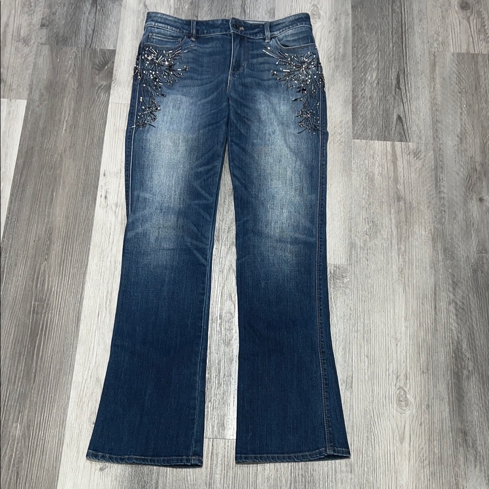 White House Black Market “The Boot” Distressed Jeans w/beaded detail, size 4